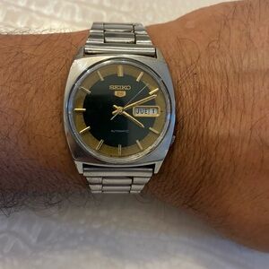 Seiko 5 Automatic Green and gold color Dial Silver Band Watch